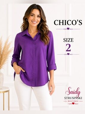 Chico's Purple Button Front Blouse Size 2 Non-Iron 100% Cotton